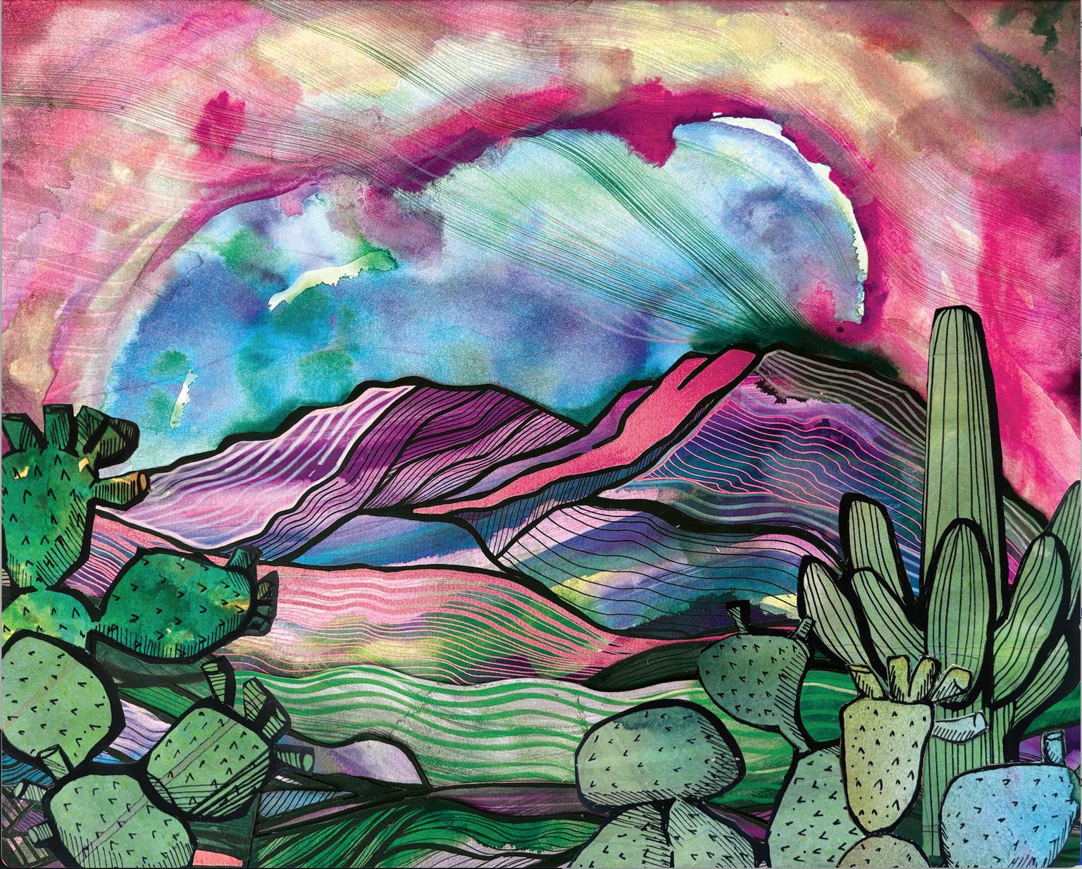 A mountain in bands of pink, purple and green under a swirling watercolor sky, framed by prickly pear and saguaro.