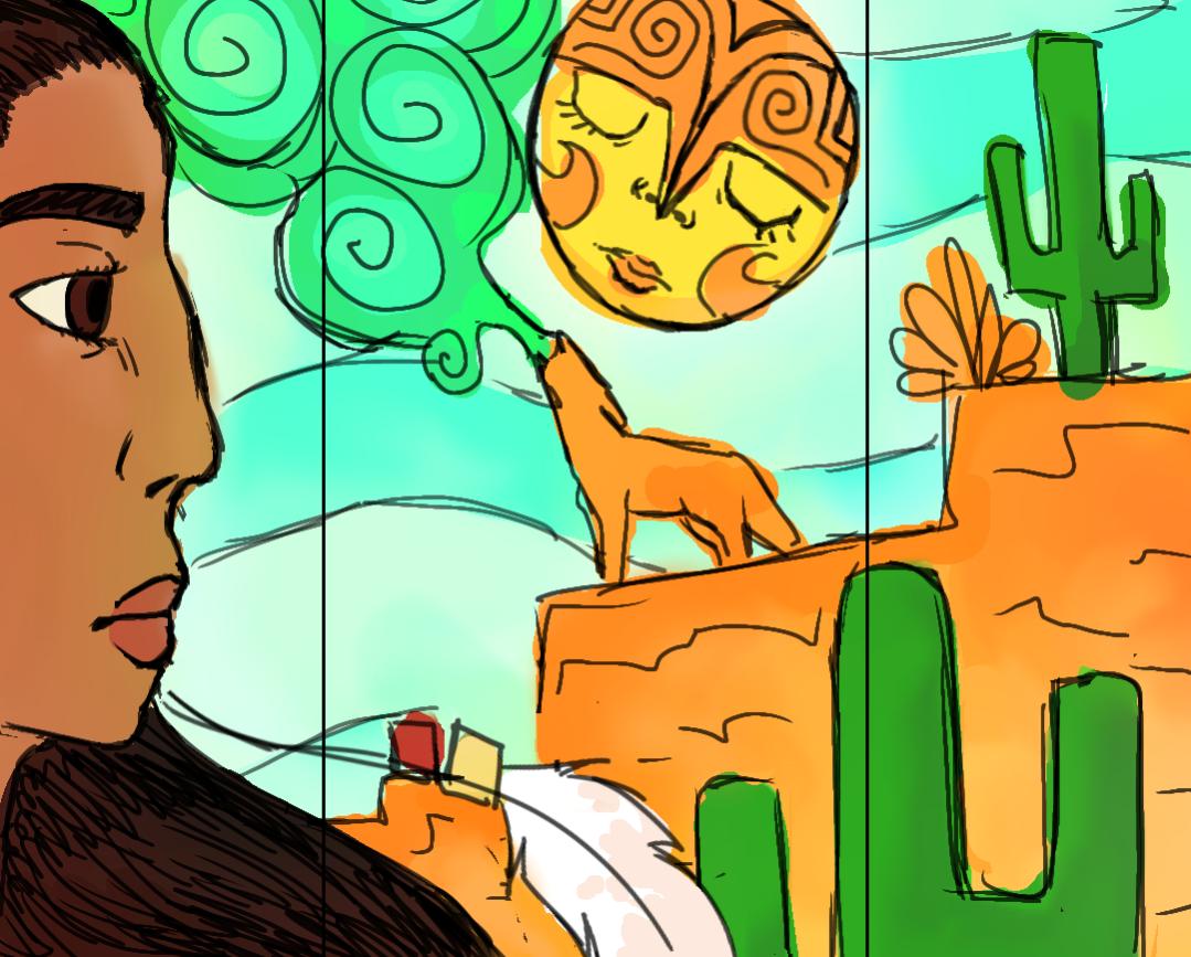 A face in profile looks toward a coyote howling at a sun with a sleeping face, beside green cactuses and orange cliffs.