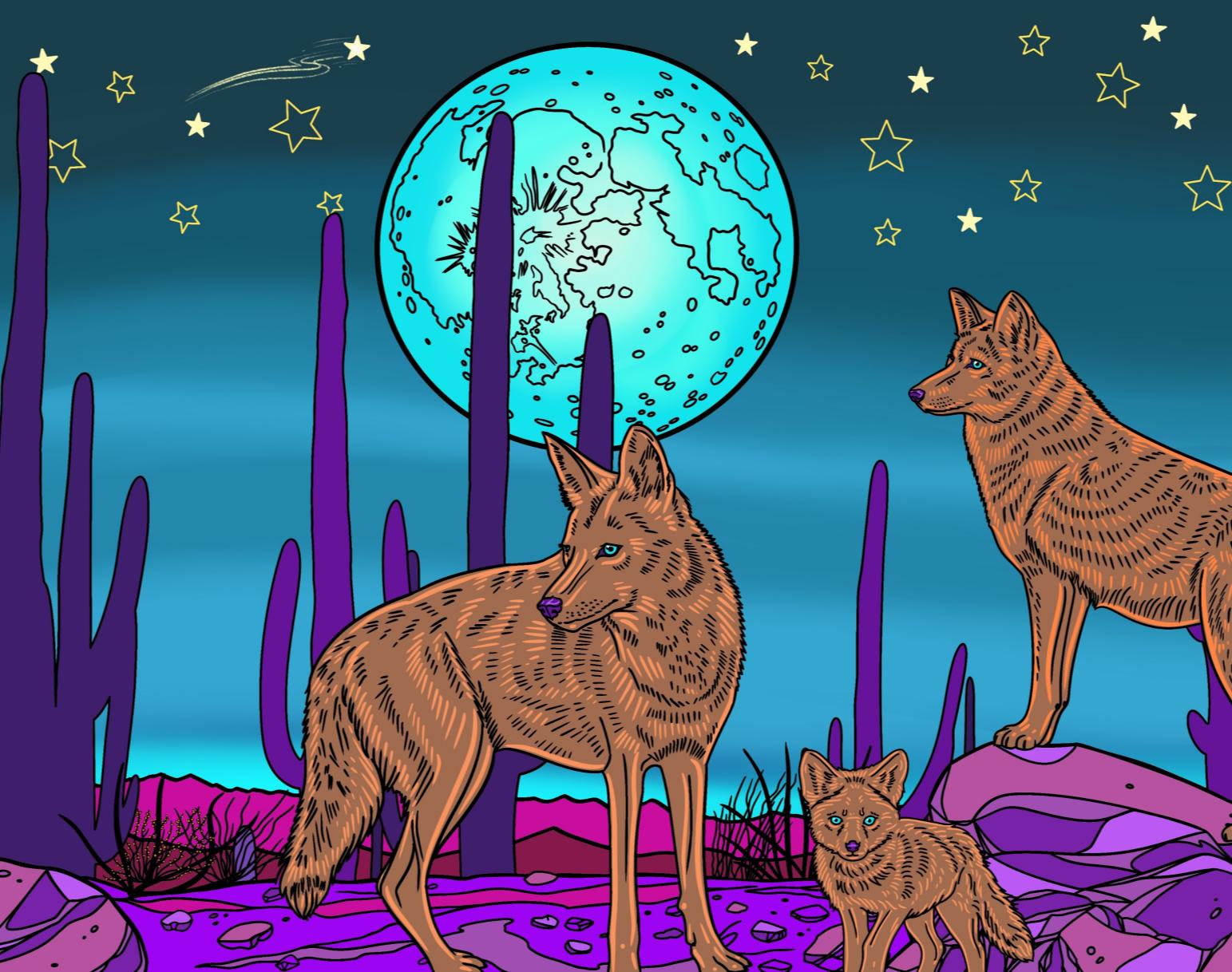 Two coyotes and a pup stand among purple saguaros under a large turquoise moon and a shooting star.