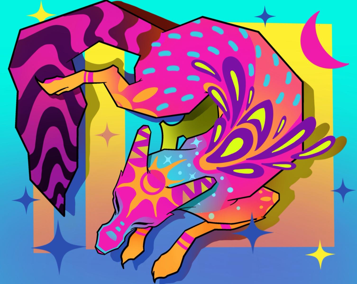 A coyote patterned in pink, purple and orange howls beneath a crescent moon against bright geometric shapes.