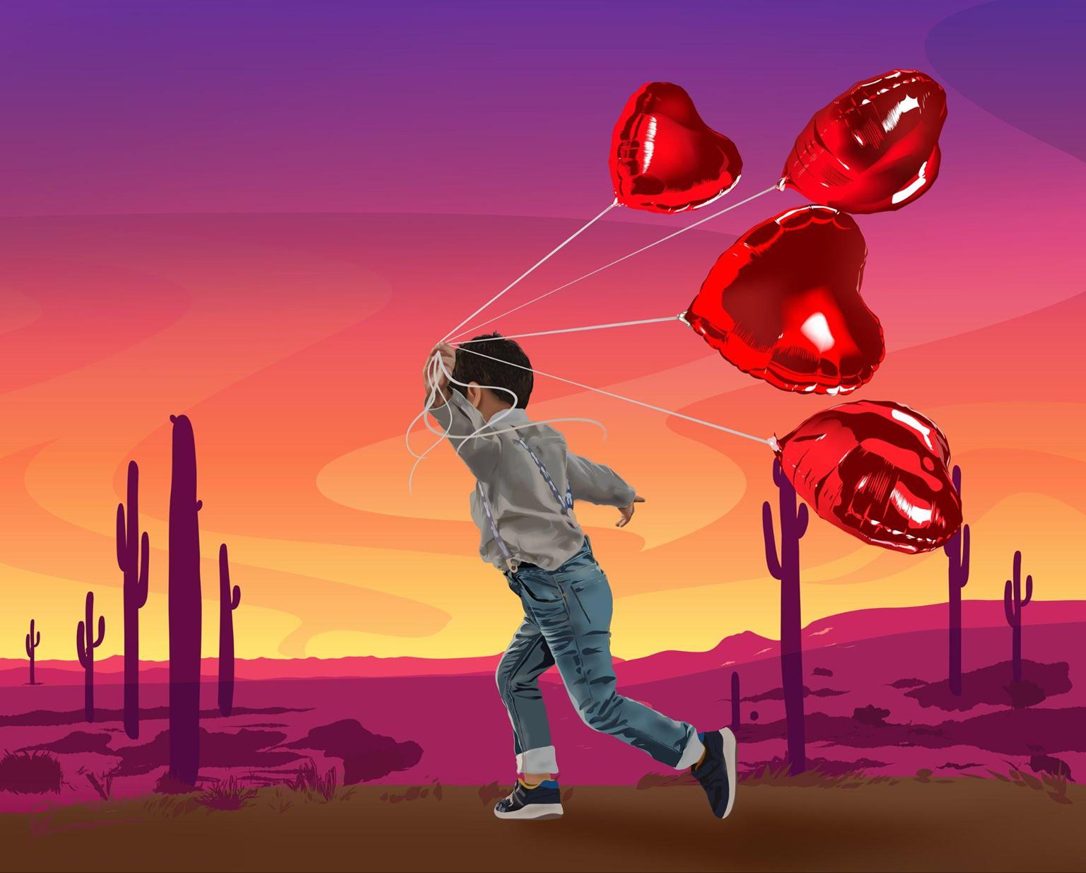 A child runs across the desert at sunset holding four red heart-shaped balloons.