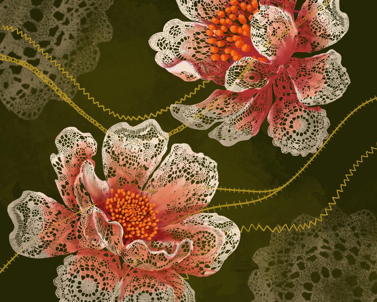 Two large flowers with lace-patterned petals and orange centers on a dark olive background, crossed by stitched yellow lines.