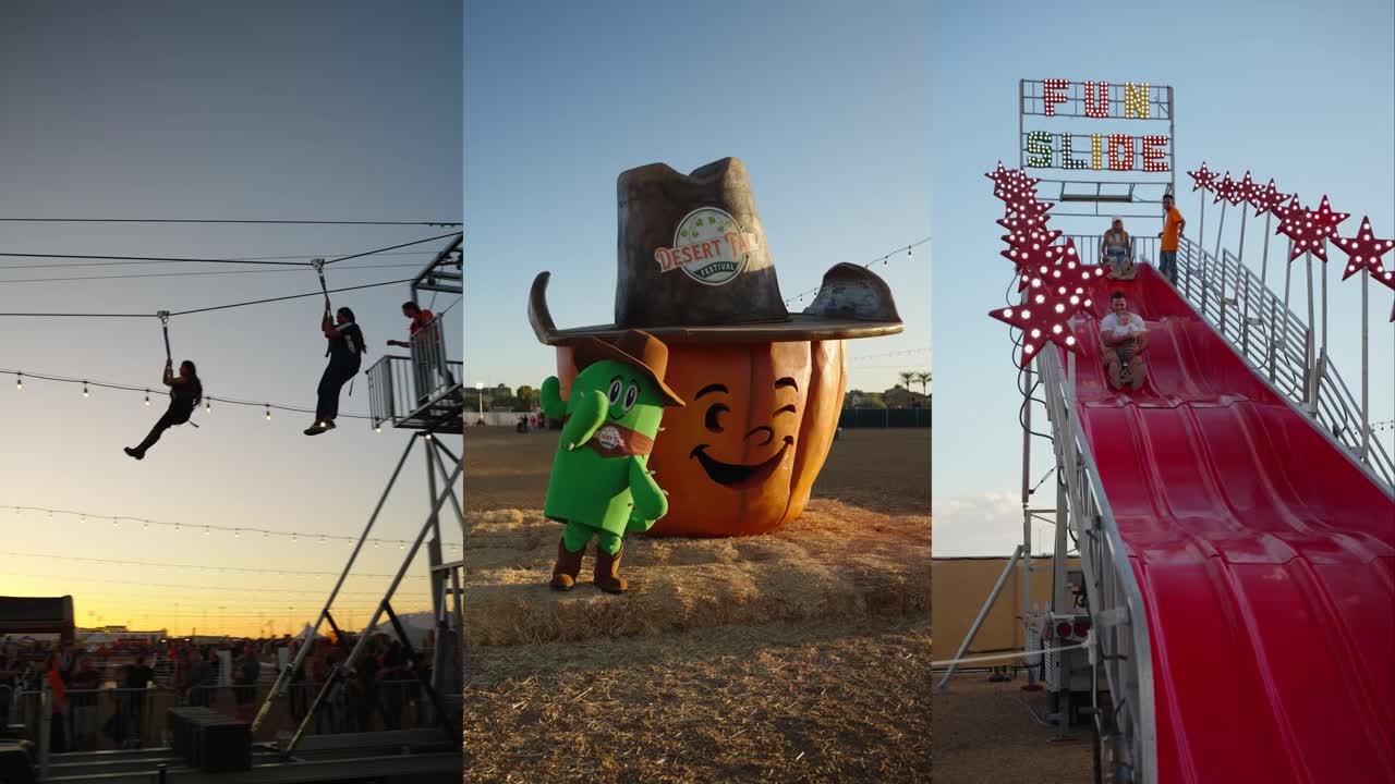Three scenes from the Desert Fall Festival: riders on a zipline at sunset, a cactus mascot beside a giant smiling pumpkin in a cowboy hat, and people coming down a red slide under a lit Fun Slide sign.