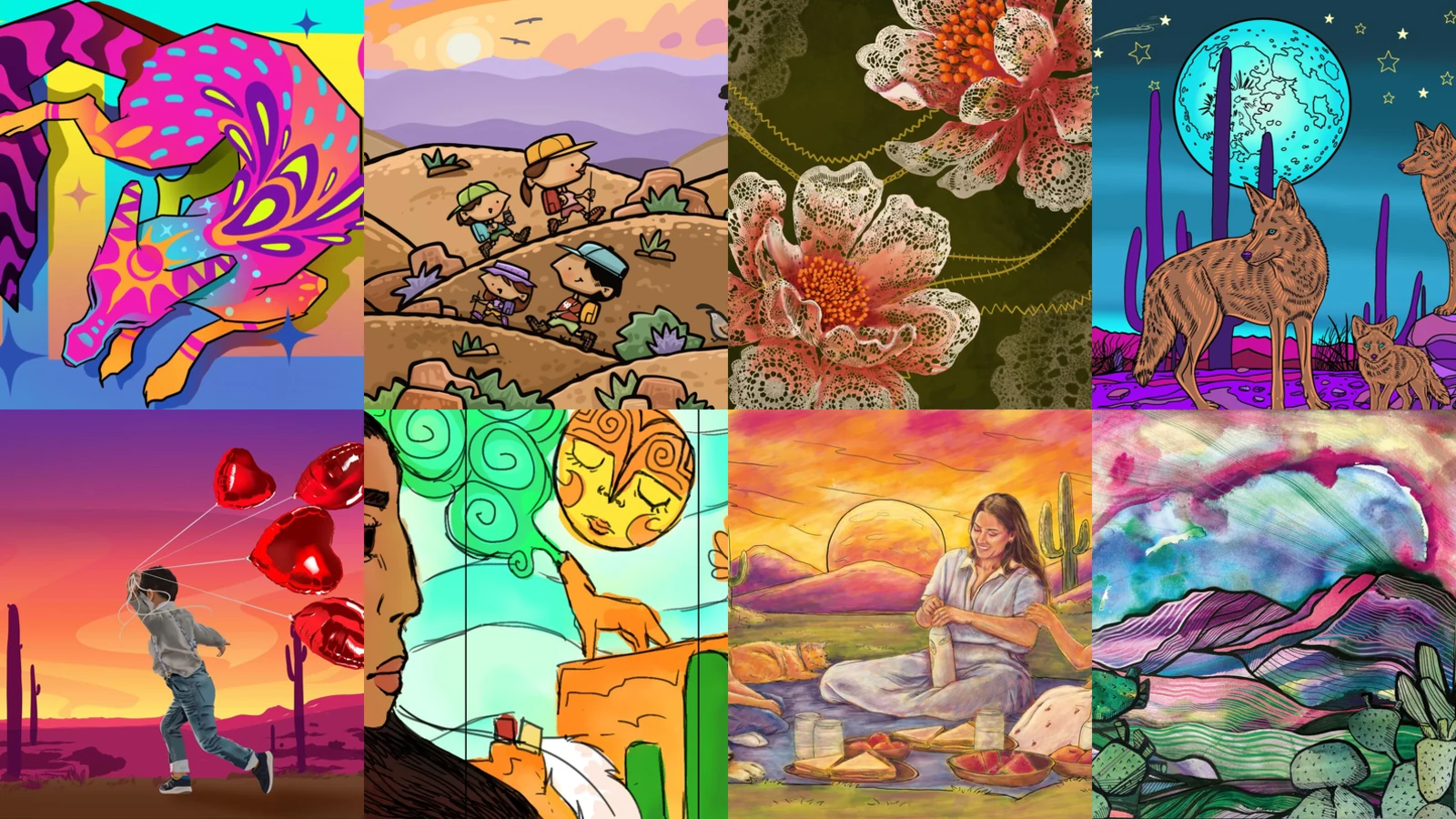 A grid of the eight designs for traffic signal cabinets on 163rd Avenue: coyotes, a hiking family, lace flowers, a child with heart balloons, a desert picnic and a watercolor mountain.