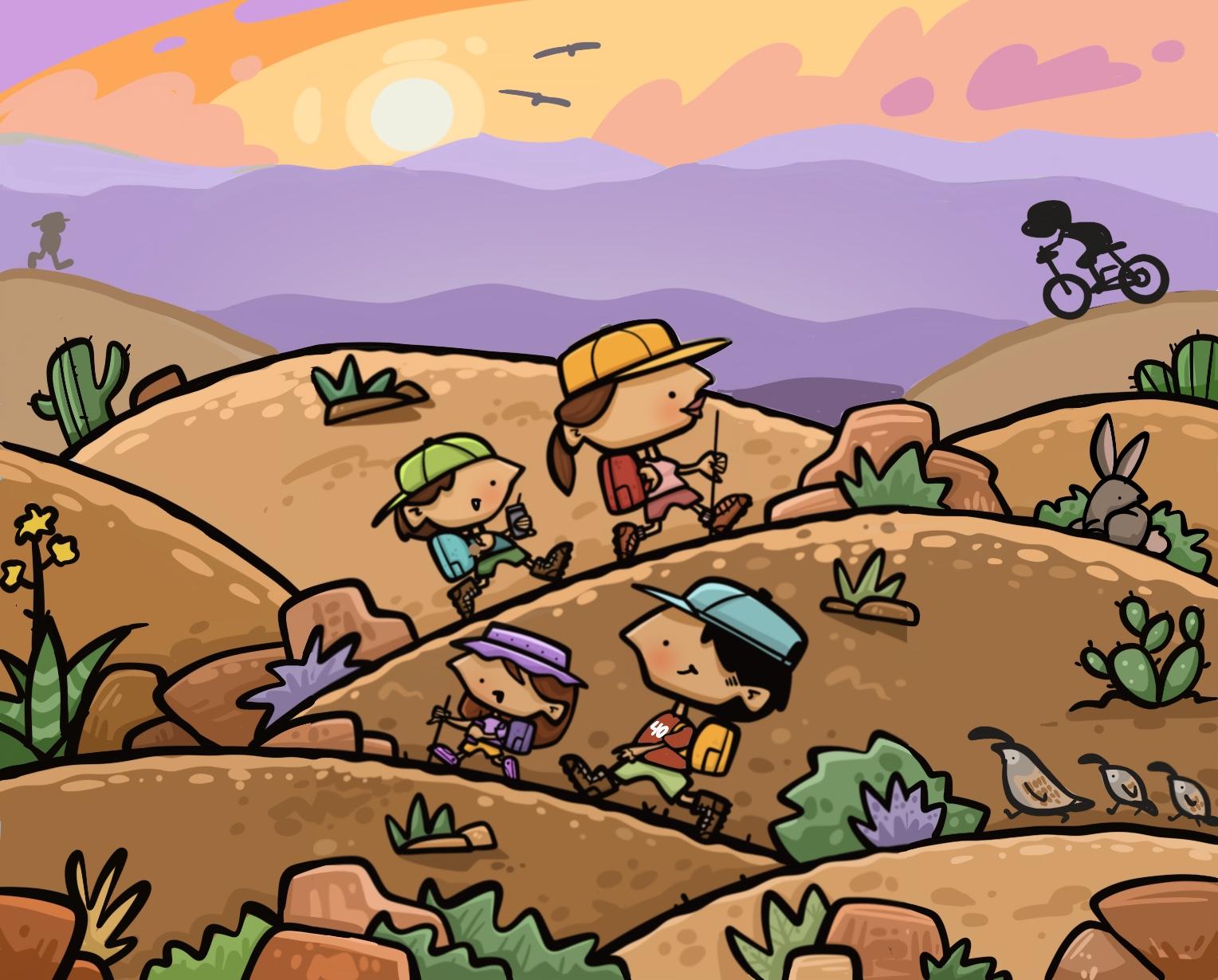 A cartoon family of four hikes over desert hills at sunset, with quail in the brush and a cyclist in the distance.
